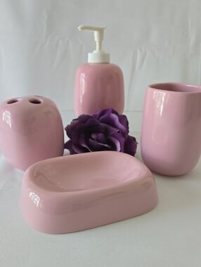 Pink Ceramic Bathroom Set 4‑Pc - Soap Dispenser, Holder, Tumbler & Soap Dish